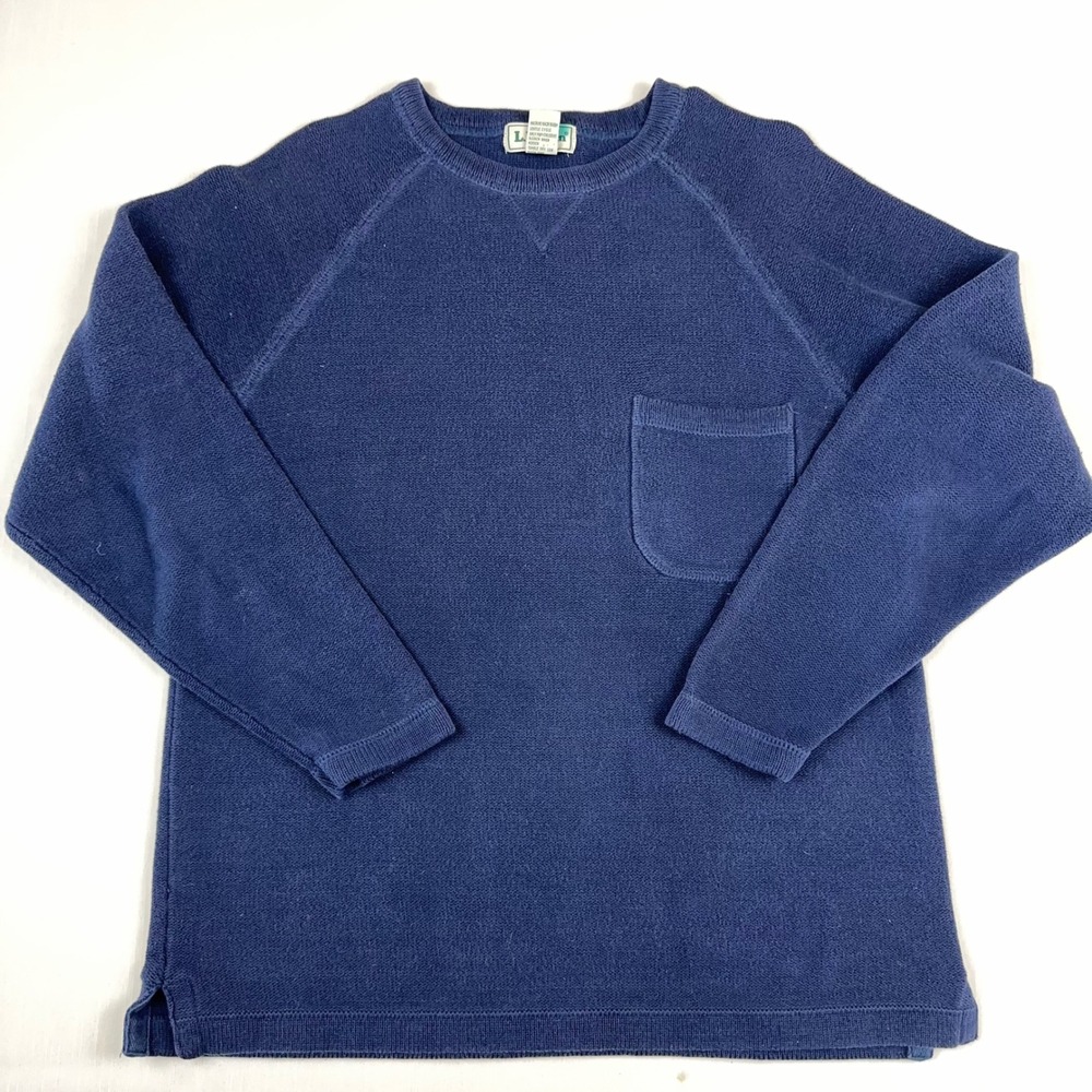 Vtg 90s LL Bean Womens Large Blue Cotton Knit Pocket Sweater 0V300
